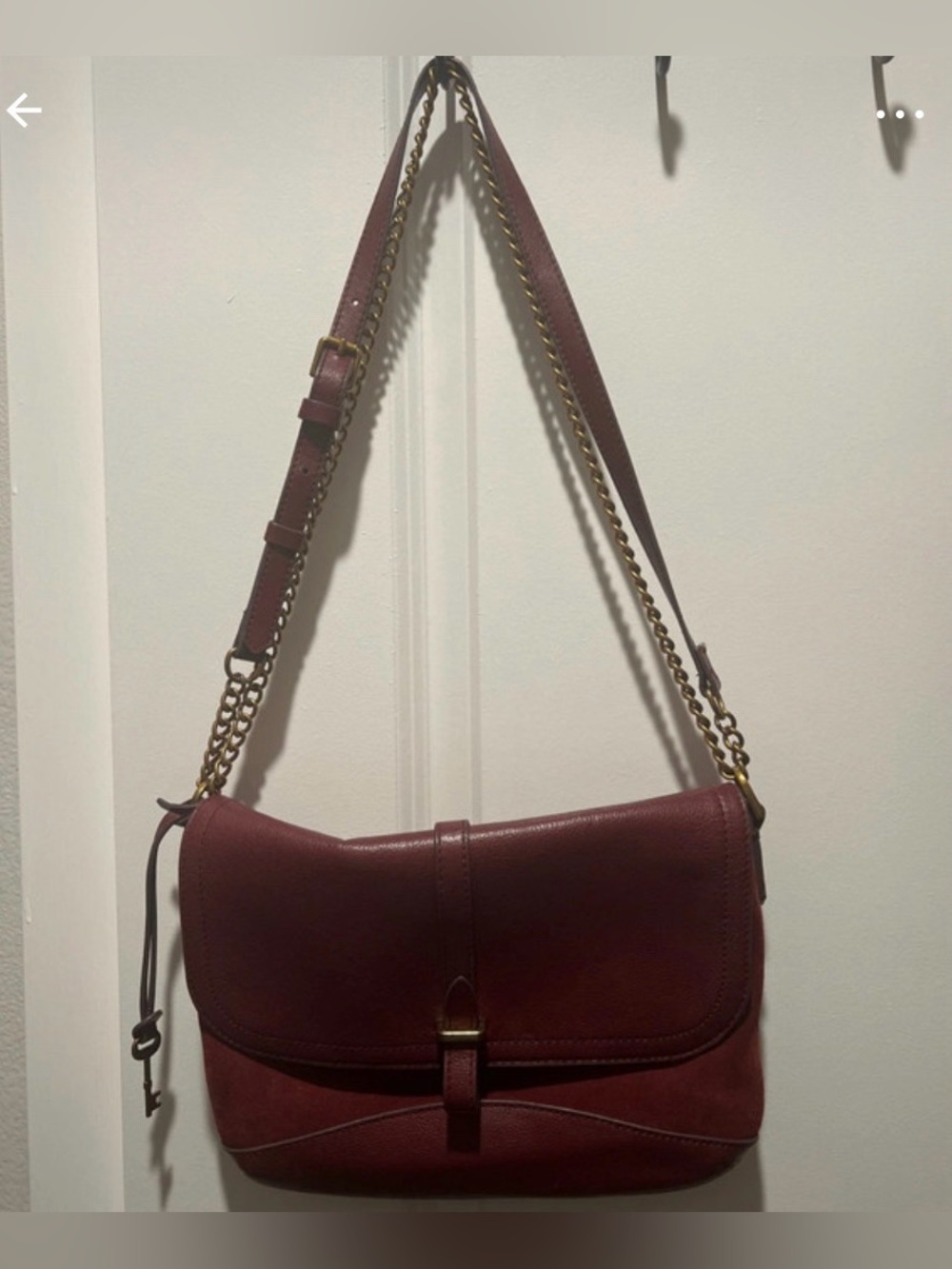 Fossil Wine Leather Shoulder Bag with Gold Chain Strap